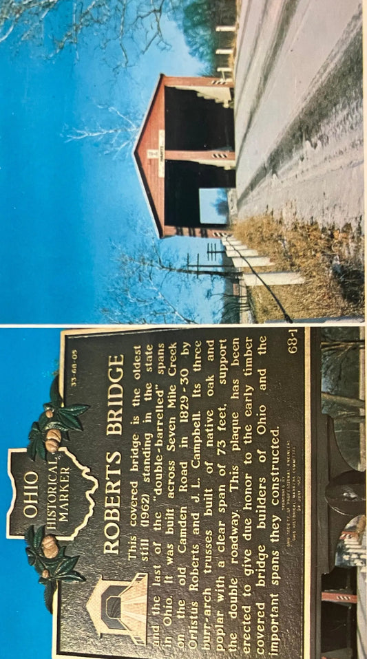 Two Lane Bridge and Commemorative Plaque, Preble County, Ohio - Ohio Historical Marker Robert’s Bridge - Vintage Postcard