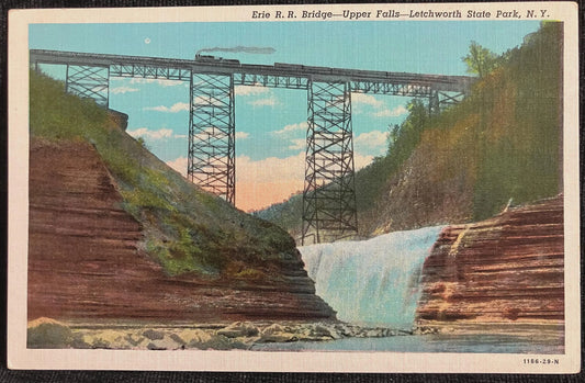 Erie R. R. Bridge - Upper Falls - Letchworth State Park, New York - Vintage Linen Postcard