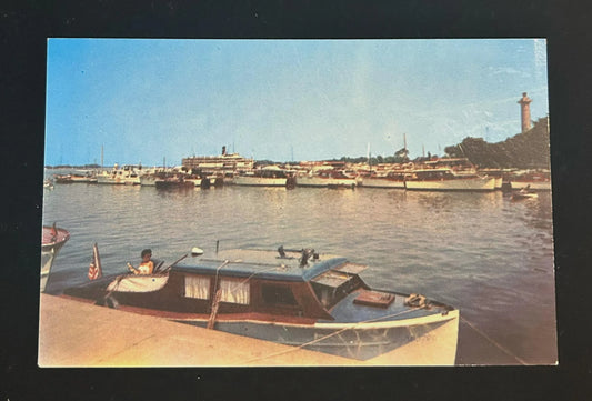 View of Put-In-Bay, Ohio Harbor Showing Perry's Monument in Background - Vintage Beach Scene Postcard
