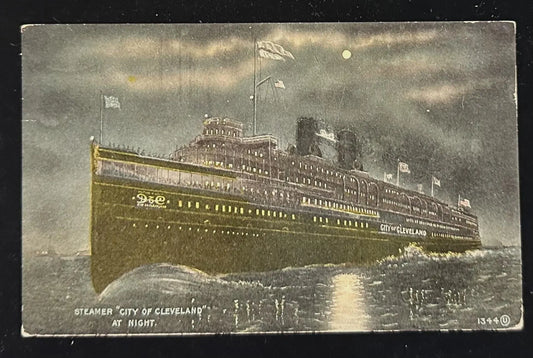 Steamer "City of Cleveland" at Night - Vintage Postcard