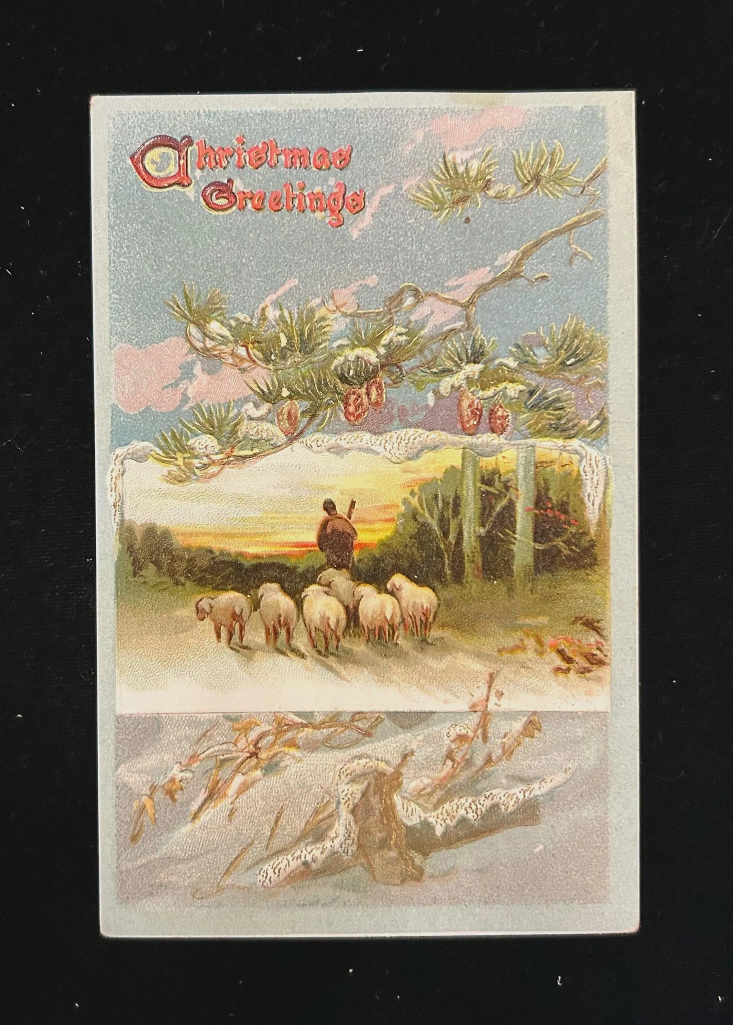 Christmas Greetings - Shepherd and Sheep snow scene - Vintage Holiday Postcard