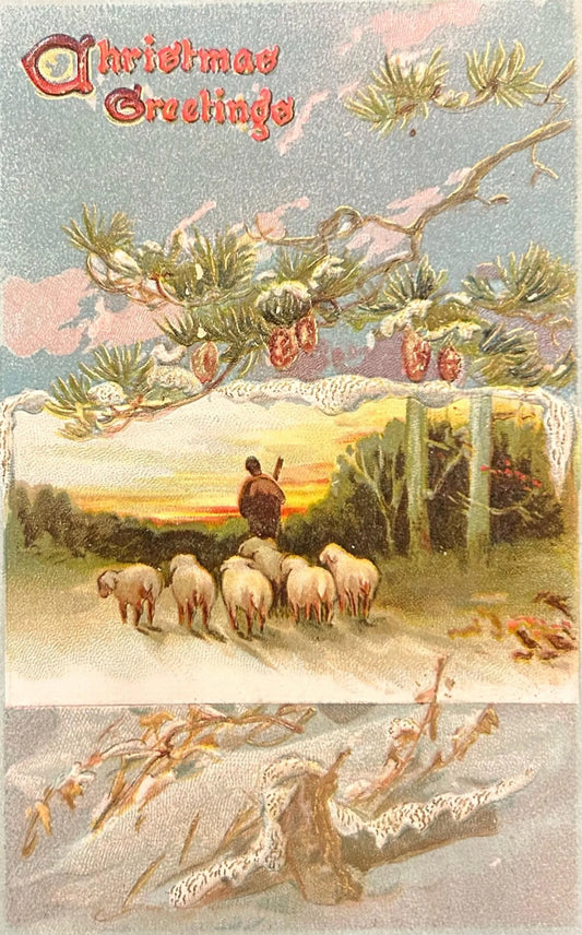 Christmas Greetings - Shepherd and Sheep snow scene - Vintage Holiday Postcard