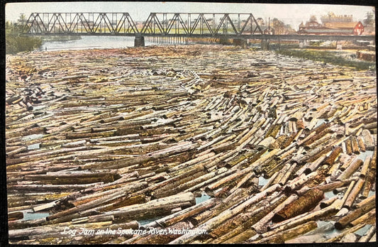 Log Jam on the Spokane River, Washington - Vintage Postcard