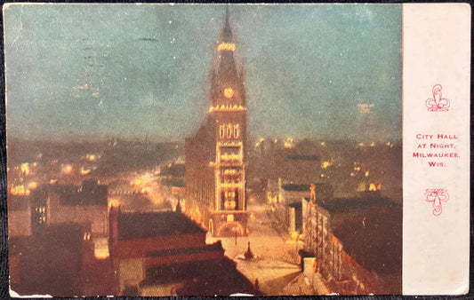 City Hall at Night, Milwaukee, Wisconsin - Vintage 1910s Postcard