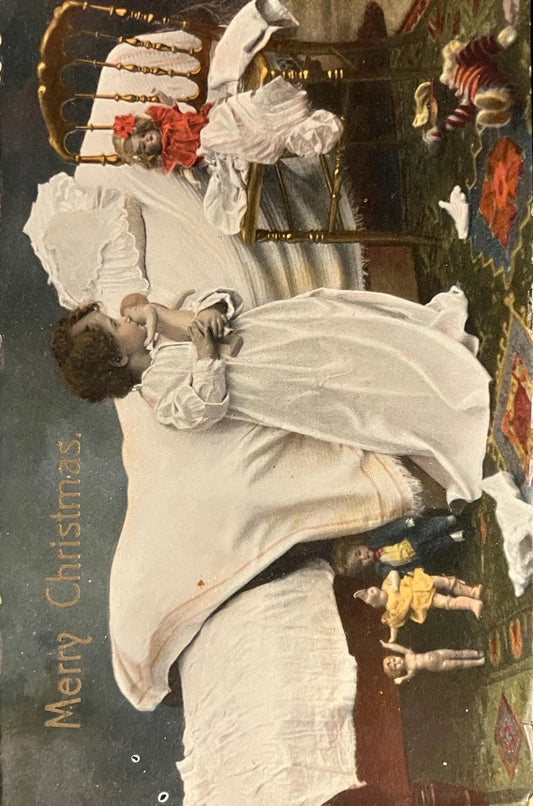 Child by Bed Playing With Christmas Toys - Merry Christmas - Made in Saxony - Vintage Postcard