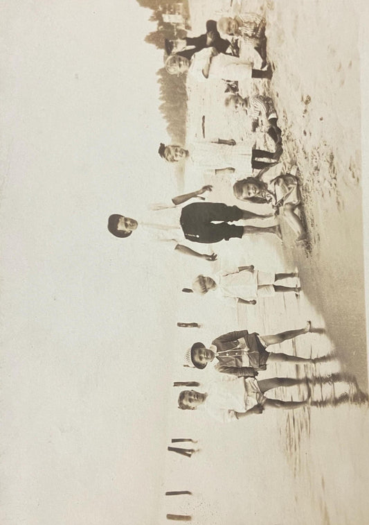 RPPC - Father Looking After 8 Children at the Beach, 3 SEts of twins - Sailor in the Back - Real Photo Postcard