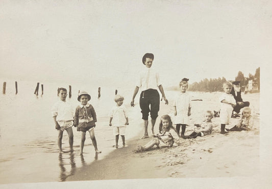 RPPC - Father Looking After 8 Children at the Beach, 3 SEts of twins - Sailor in the Back - Real Photo Postcard