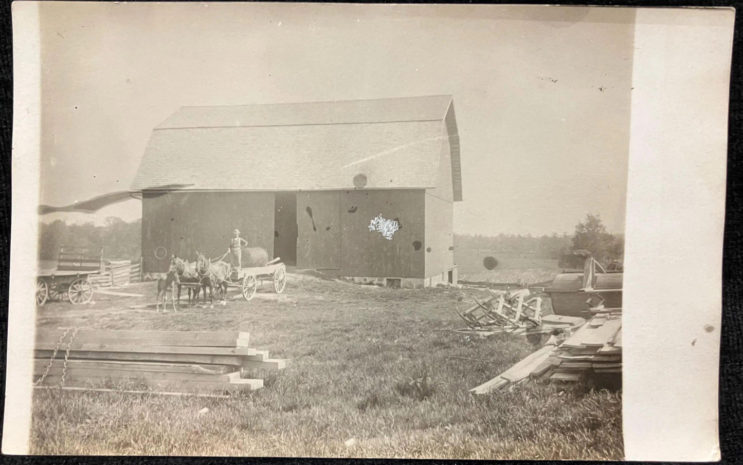 RPPC - Man Driving Wagon Drawn by team of Horses with Colt - Vintage Homestead Postcard