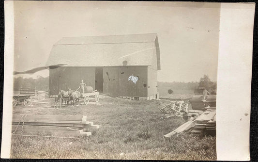 RPPC - Man Driving Wagon Drawn by team of Horses with Colt - Vintage Homestead Postcard