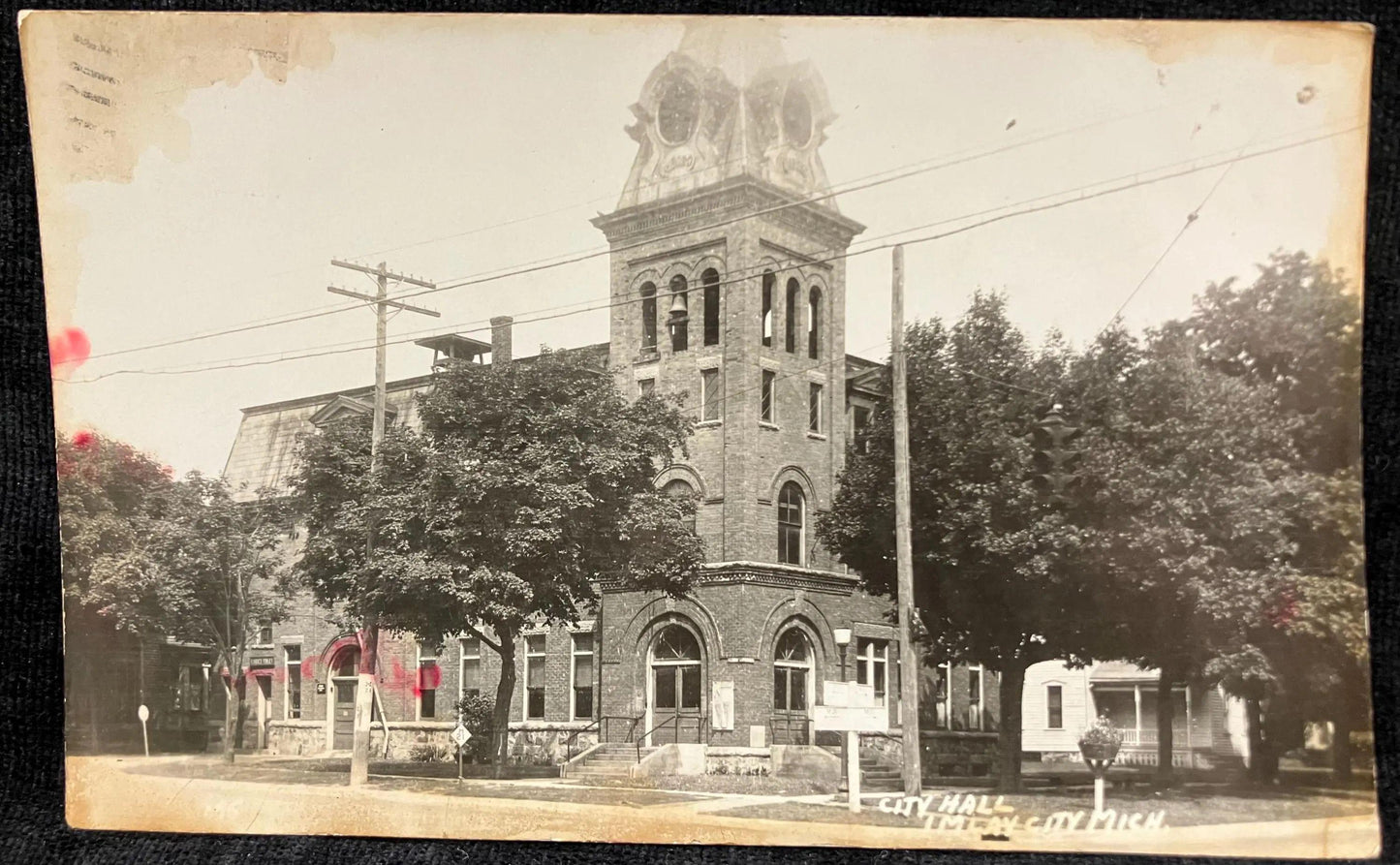 Imlay City, Michigan - Address-Only- RPPC - City Hall - Vintage Architecture Postcard