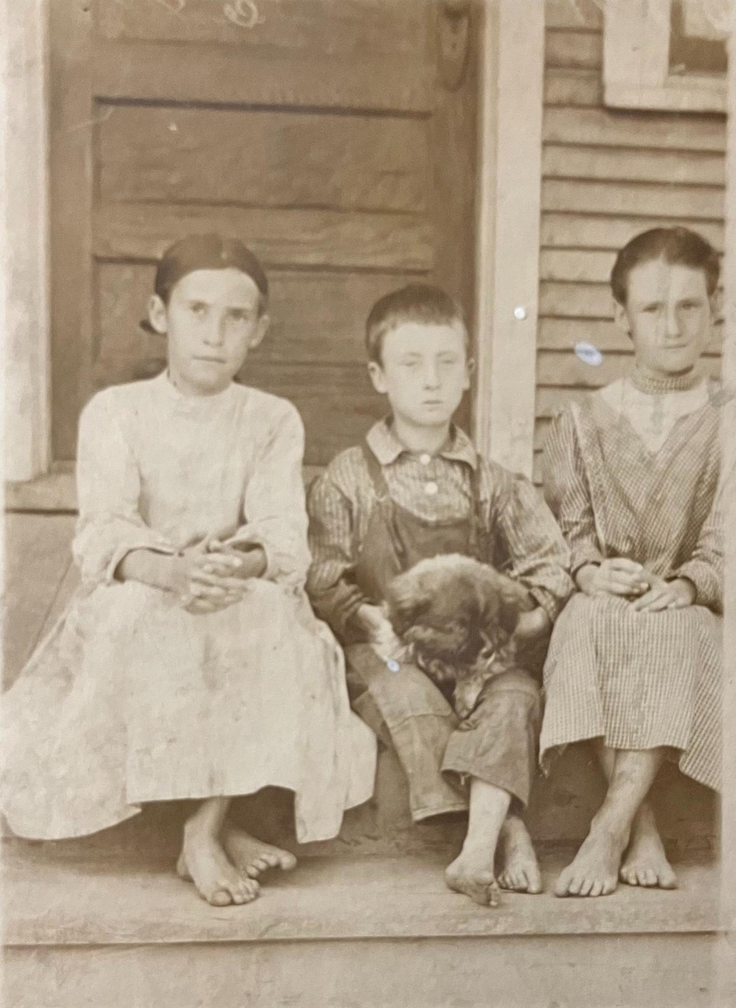 RPPC - Kids and pet sitting on steps - Vintage Postcard