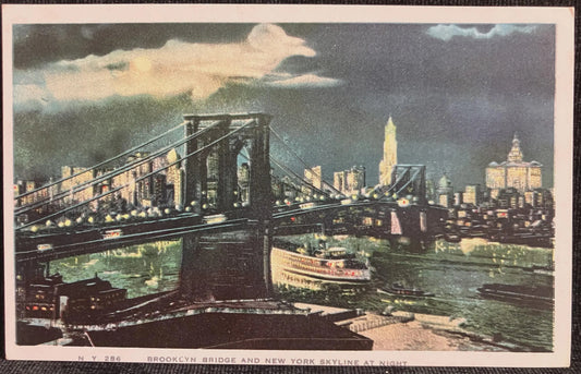 Brooklyn Bridge and New York Skyline at Night - Vintage Postcard