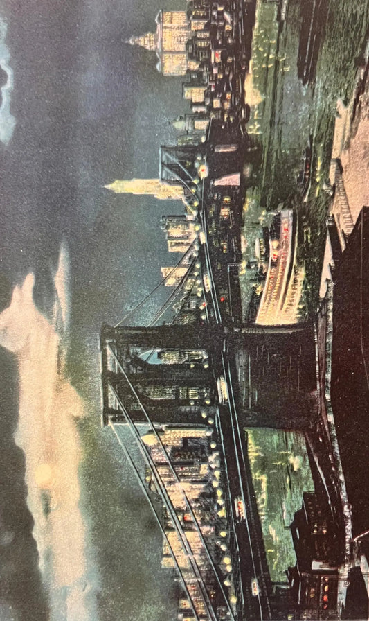 Brooklyn Bridge and New York Skyline at Night - Vintage Postcard