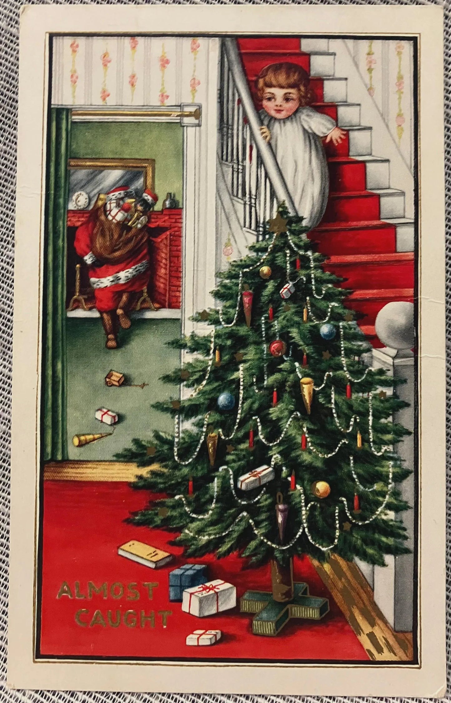 Almost Caught - Embossed  - Vintage Christmas Postcard