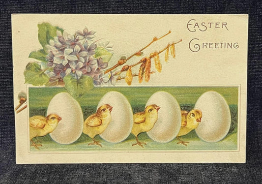 Embossed Easter Postcard Made in Germany 1920s- Vintage Easter with Baby Chicks and Violets on Postcard