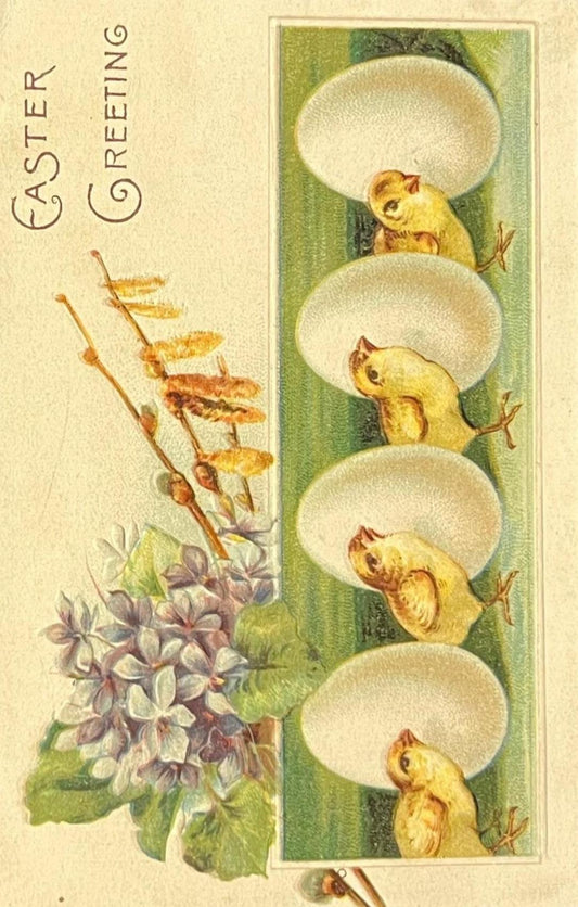 Embossed Easter Postcard Made in Germany 1920s- Vintage Easter with Baby Chicks and Violets on Postcard