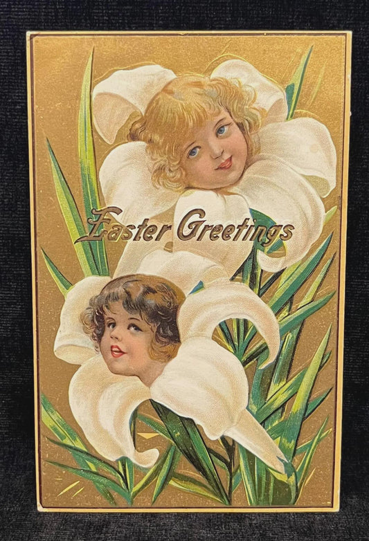 Embossed Easter Greetings 1910 - Vintage Postcard With Cherub Faces In Lilies - Art Neuveau