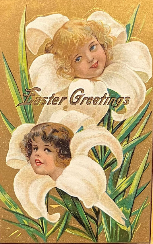 Embossed Easter Greetings 1910 - Vintage Postcard With Cherub Faces In Lilies - Art Neuveau