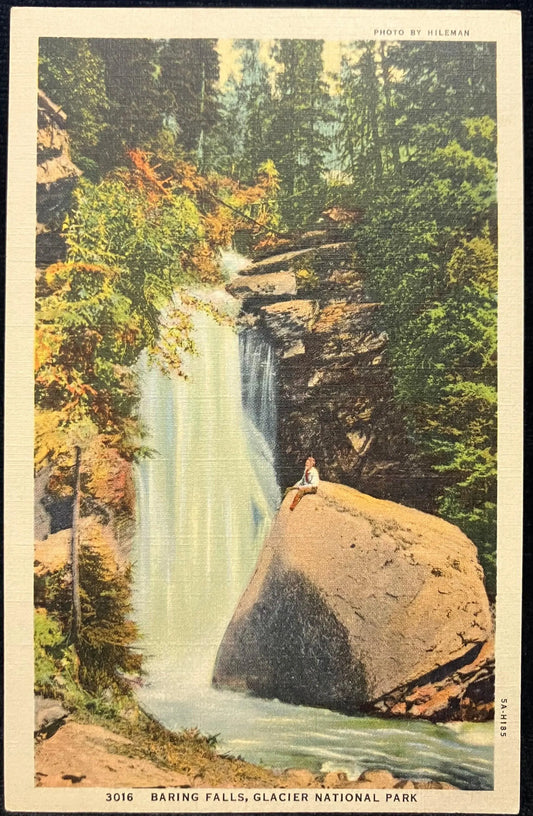 Baring Falls, Glacier National Park, Montana - Photo by Hileman - Vintage Postcard