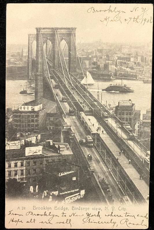 Brooklyn Bridge, Birdseye view, New York City - Vintage 1900s Postcard