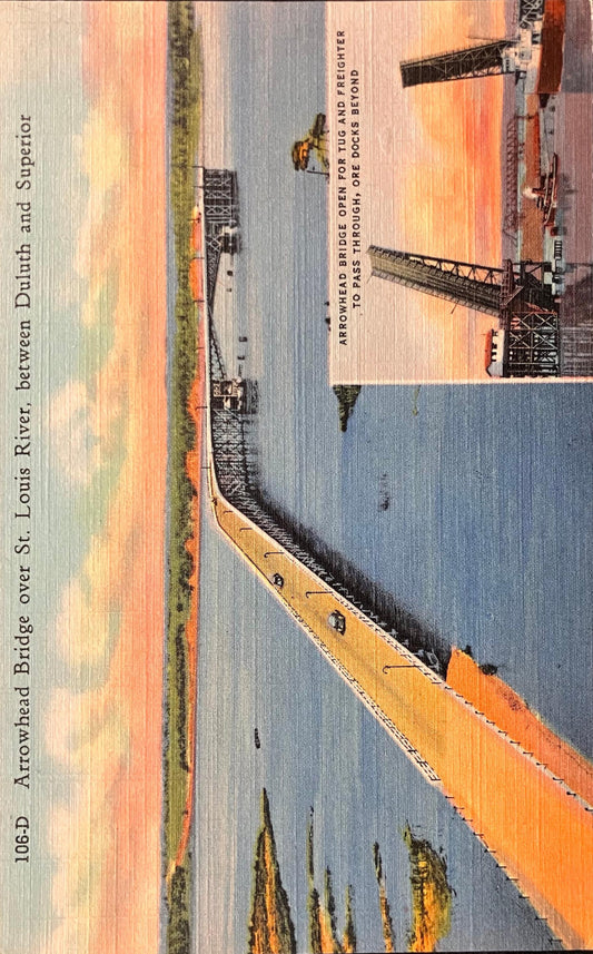 Arrowhead Bridge over St. Louis River, between Duluth and Superior, Minnesota - Vintage Bridge Postcard
