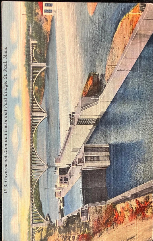 U. S. Government Dam and Locks and Ford Bridge, St. Paul, Minnesota - Vintage Bridge Postcard