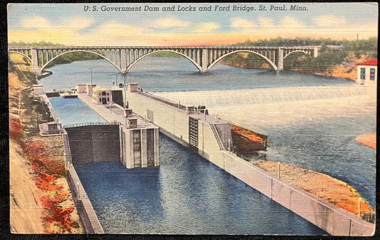 U. S. Government Dam and Locks and Ford Bridge, St. Paul, Minnesota - Vintage Bridge Postcard