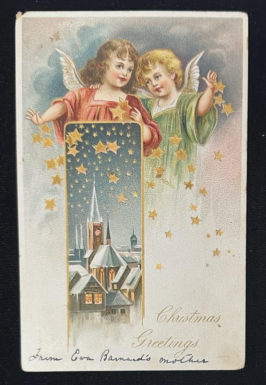 Christmas Greetings With Angels and Church- Vintage 1905 Address onlyPostcard