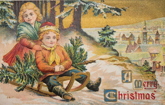 Two Blonde Children On A Sled - "A Merry Christmas" - Vintage Postcard
