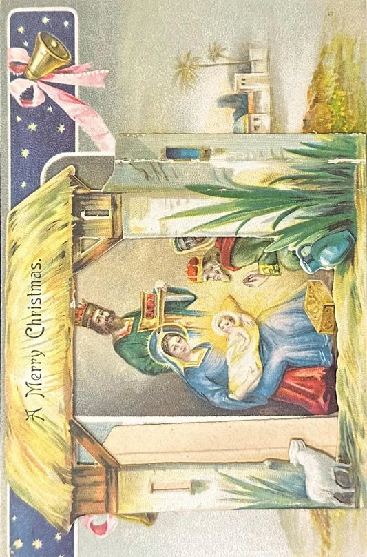 Embossed Bells and Nativity Illustration - 1916 Christmas Postcard - A Merry Christmas - Printed in Germany - Vintage Postcard