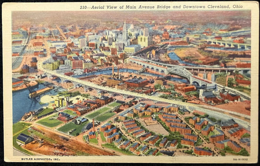 Aerial View of Main Avenue Bridge and Downtown Cleveland, Ohio - Vintage Postcard