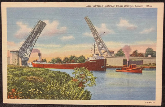 Erie Avenue Bascule Span Bridge, Loraine, Ohio - Vintage Linen Bridge Postcard