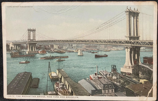 The Manhattan Bridge, New York and Brooklyn - Copr. Detroit Publishing Co. - Vintage Bridge Postcard