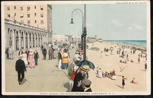 Hotel Nassau and Ocean Promenade, Long Beach, New York - Published by C. W. Fuller - Vintage Beach Postcard