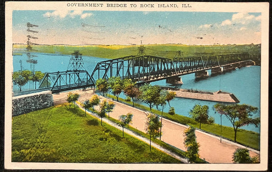 Government Bridge to Rock Island, Illinois - 1930 Merry Christmas Health to All stamp - Vintage Postcard