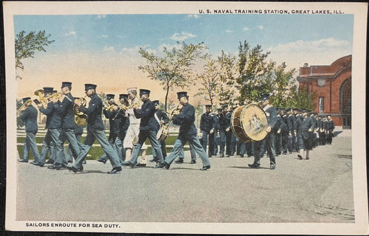 U. S. Naval Training Station, Great Lakes, Illinois - Sailors En Route for Sea Duty - Vintage Veteran Postcard