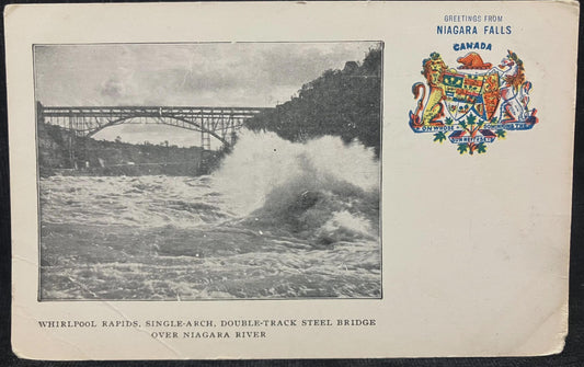 Greetings from Niagara Falls - Canada's Coat of Arms - Whirlpool Rapids, Single-arch, Double-track Steel Bridge over Niagara River - Vintage Postcard