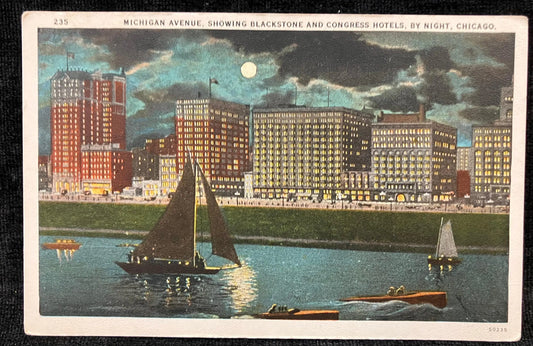 Michigan Avenue, Showing Blacstone and Congress Hotels, by Night Chicago, Illinois - Vintage Hotel Postcard