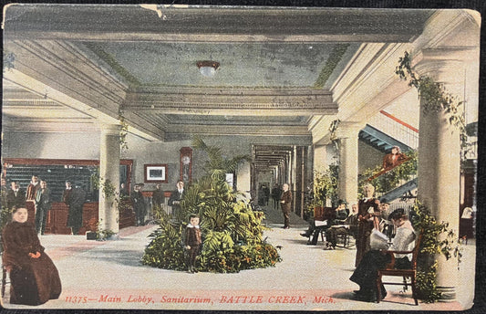 Main Lobby, Sanitarium, Battle Creek, Michigan - Vintage Hospital Postcard