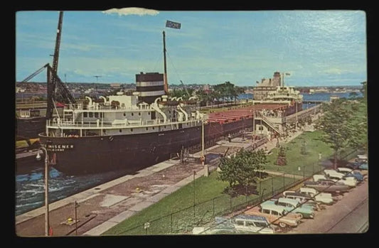 Canadian Ore Carrier - Mac Arthur Lock - Sault Ste. Marie, Michigan - Vintage Postcard