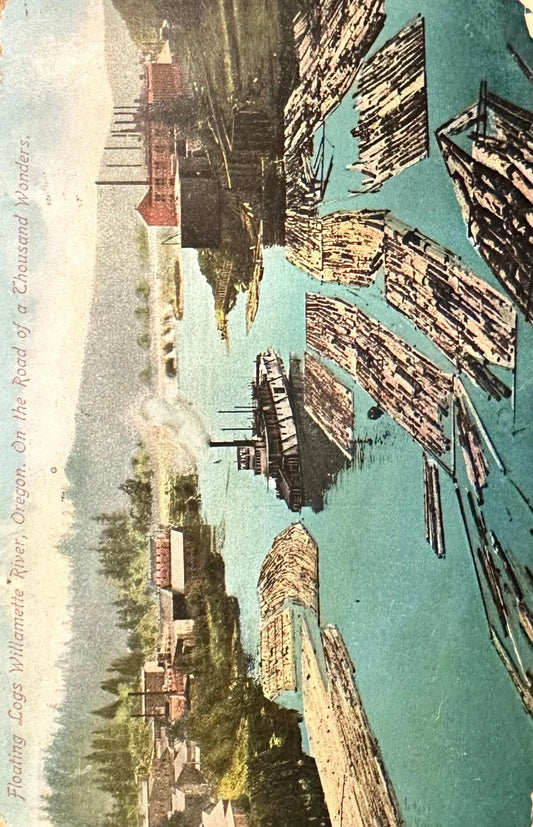 Floating Logs Willamette River, Oregon, On the Road of a Thousand Wonders - Vintage 1910s Linen Postcards