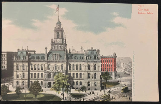 City Hall, Detroit, Michigan - Manufactured by Curt Teich & Co. - Pre 1906 Vintage Postcard