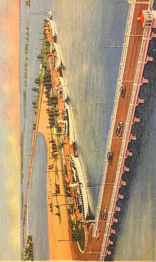 Yachts Moored Along Miami and Miami Beach Causeway, Florida - Vintage Bridge Postcard