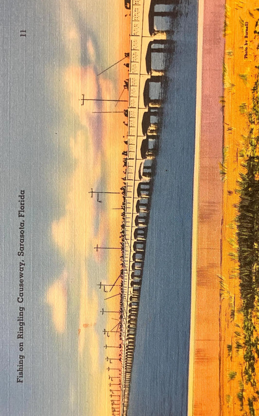 Fishing on Ringing Causeway, Sarasota, Florida - Vintage Linen Bridge Postcard