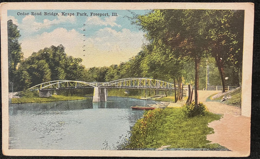 Cedar Road Bridge, Krape Park, Freeport, Illinois - Vintage Bridge Postcard