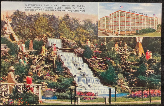 Waterfalls and Rock Garden in Olson Park Surrounding Olson Rug Factory, Diversey at Pulaski (Crawford) Chicago, Illinois - Vintage Postcard