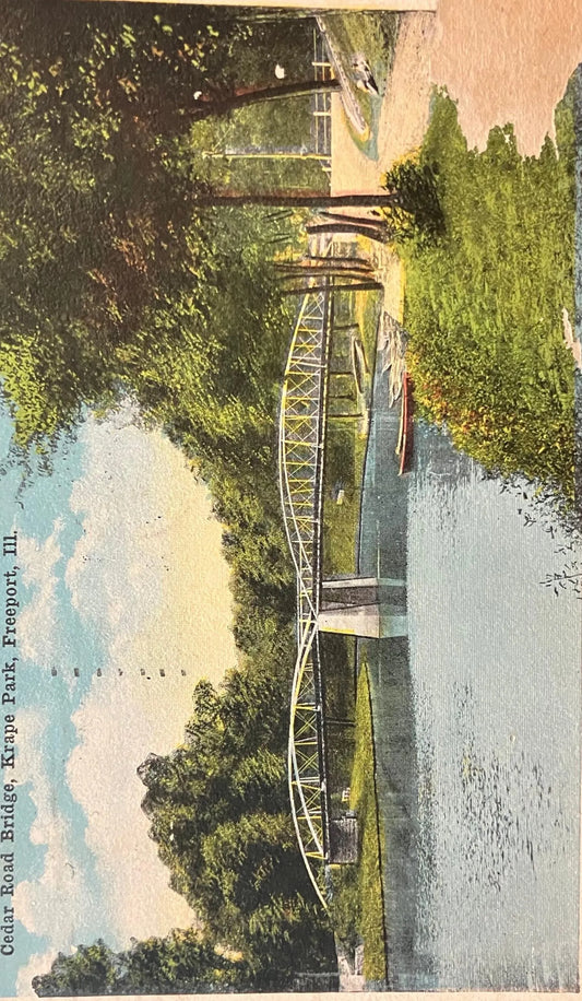 Cedar Road Bridge, Krape Park, Freeport, Illinois - Vintage Bridge Postcard