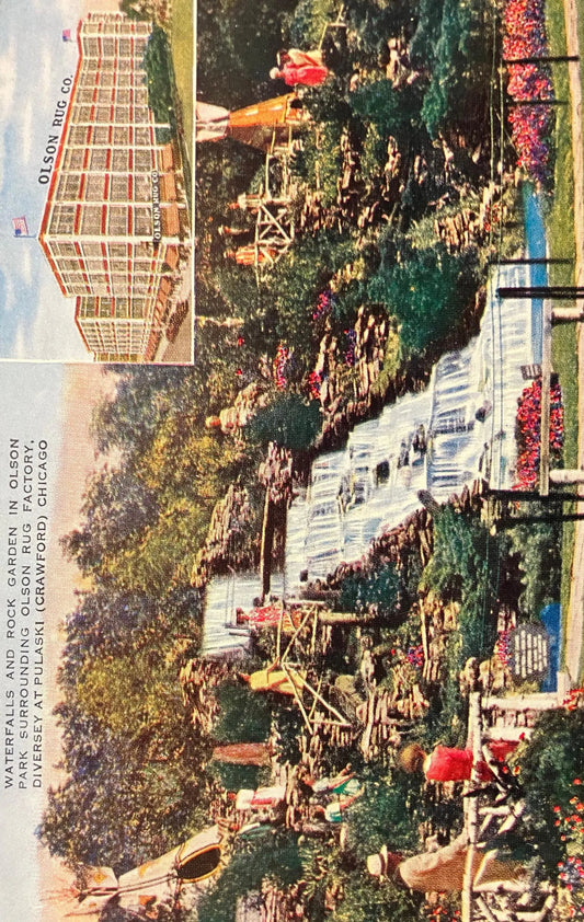 Waterfalls and Rock Garden in Olson Park Surrounding Olson Rug Factory, Diversey at Pulaski (Crawford) Chicago, Illinois - Vintage Postcard