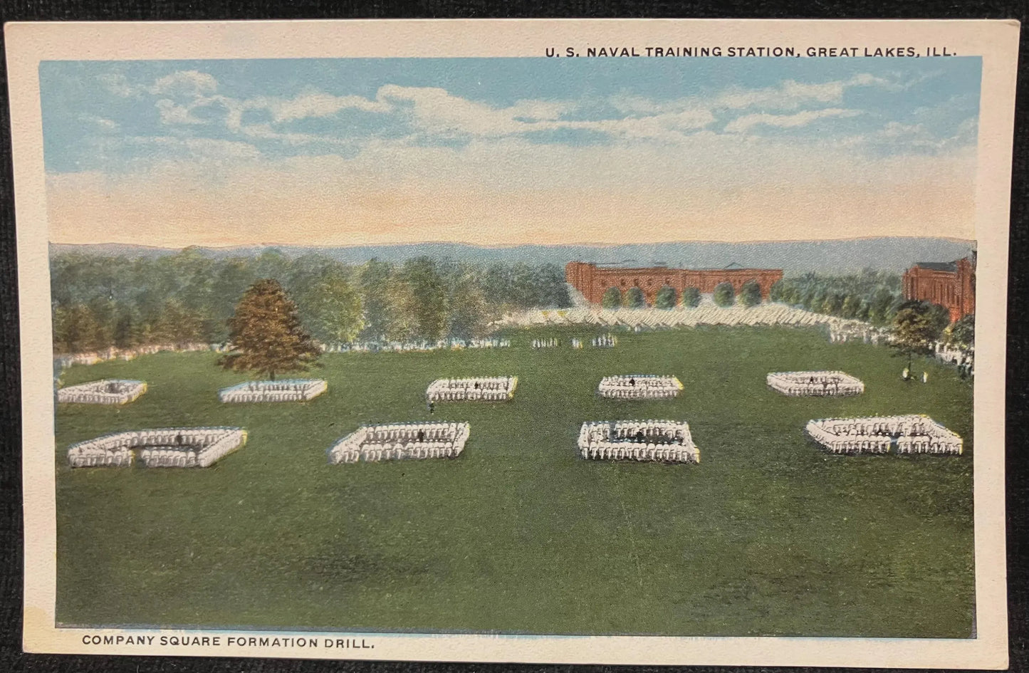 Company Square Formation Drill - U. S. Naval Training Station, Great Lakes, Illinois - Vintage Navy Postcard
