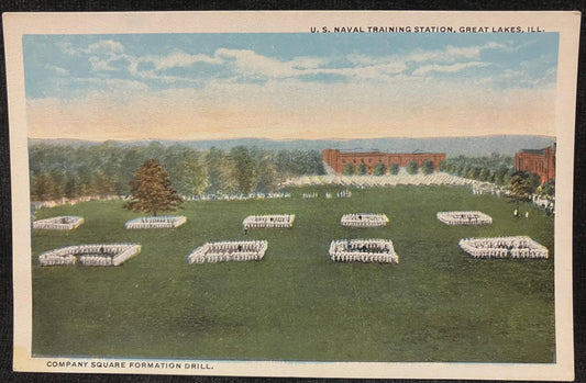 Company Square Formation Drill - U. S. Naval Training Station, Great Lakes, Illinois - Vintage Navy Postcard